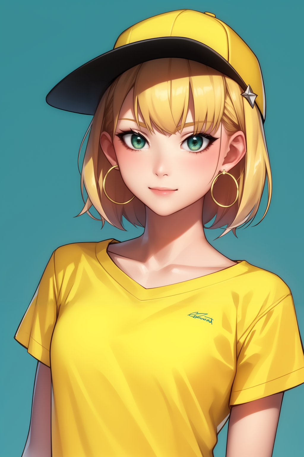 01611-1730572577-nomura tetsuya, masterpiece, best quality, 1girl, aqua eyes, baseball cap, blonde hair, closed mouth, earrings, green background.png